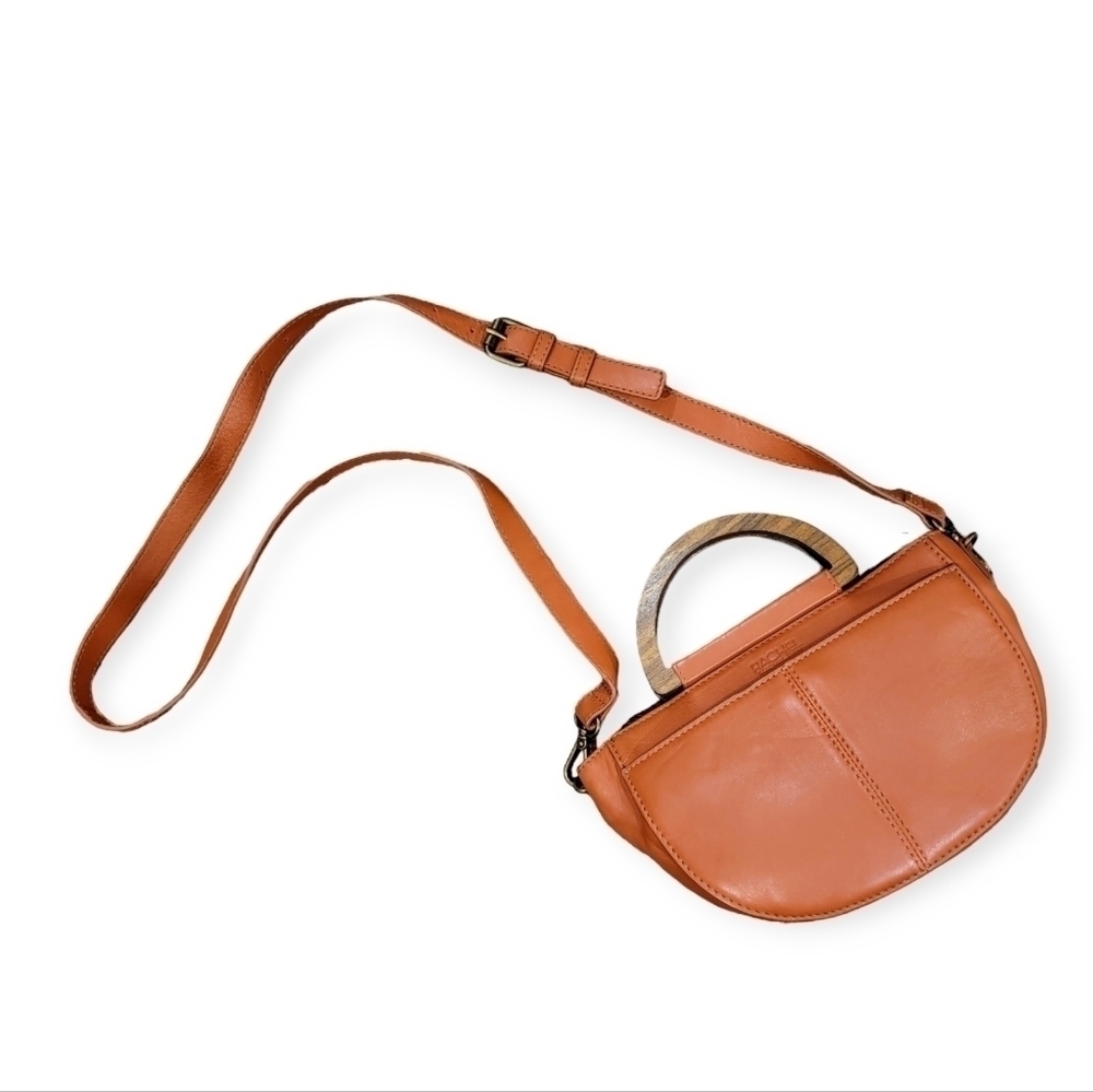 Rachel Rachel Roy Cognac Brown Leather Crossbody Bag or Clutch Purse Wood handle